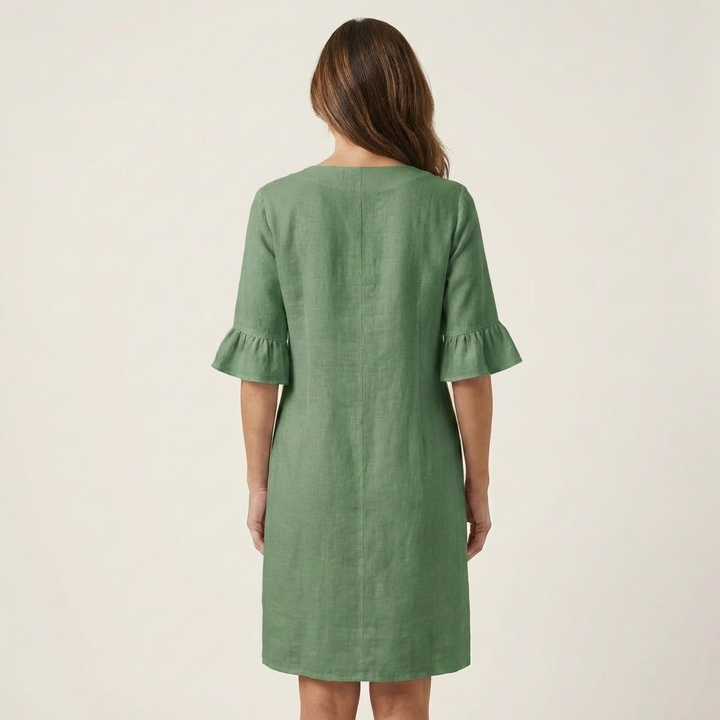 Rileya | Shift Dress with Button Front &amp; Ruffle Sleeves