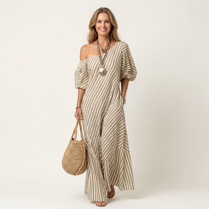 Gelina | One-Shoulder Striped Maxi Dress with Puff Sleeves &amp; Side Pockets
