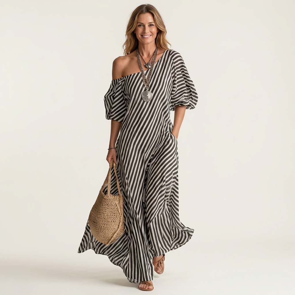 Gelina | One-Shoulder Striped Maxi Dress with Puff Sleeves &amp; Side Pockets