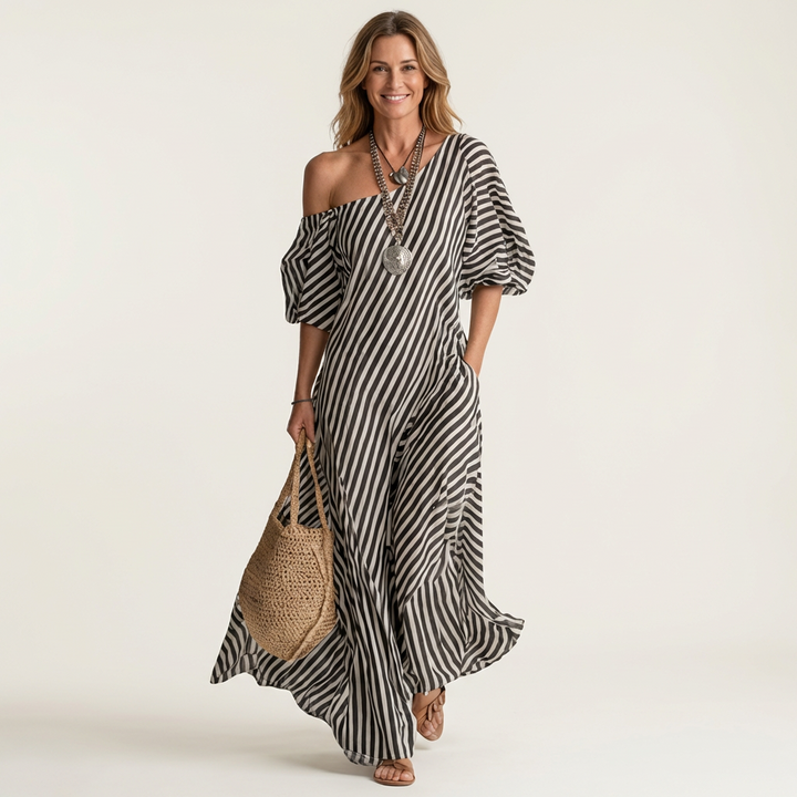 Gelina | One-Shoulder Striped Maxi Dress with Puff Sleeves &amp; Side Pockets