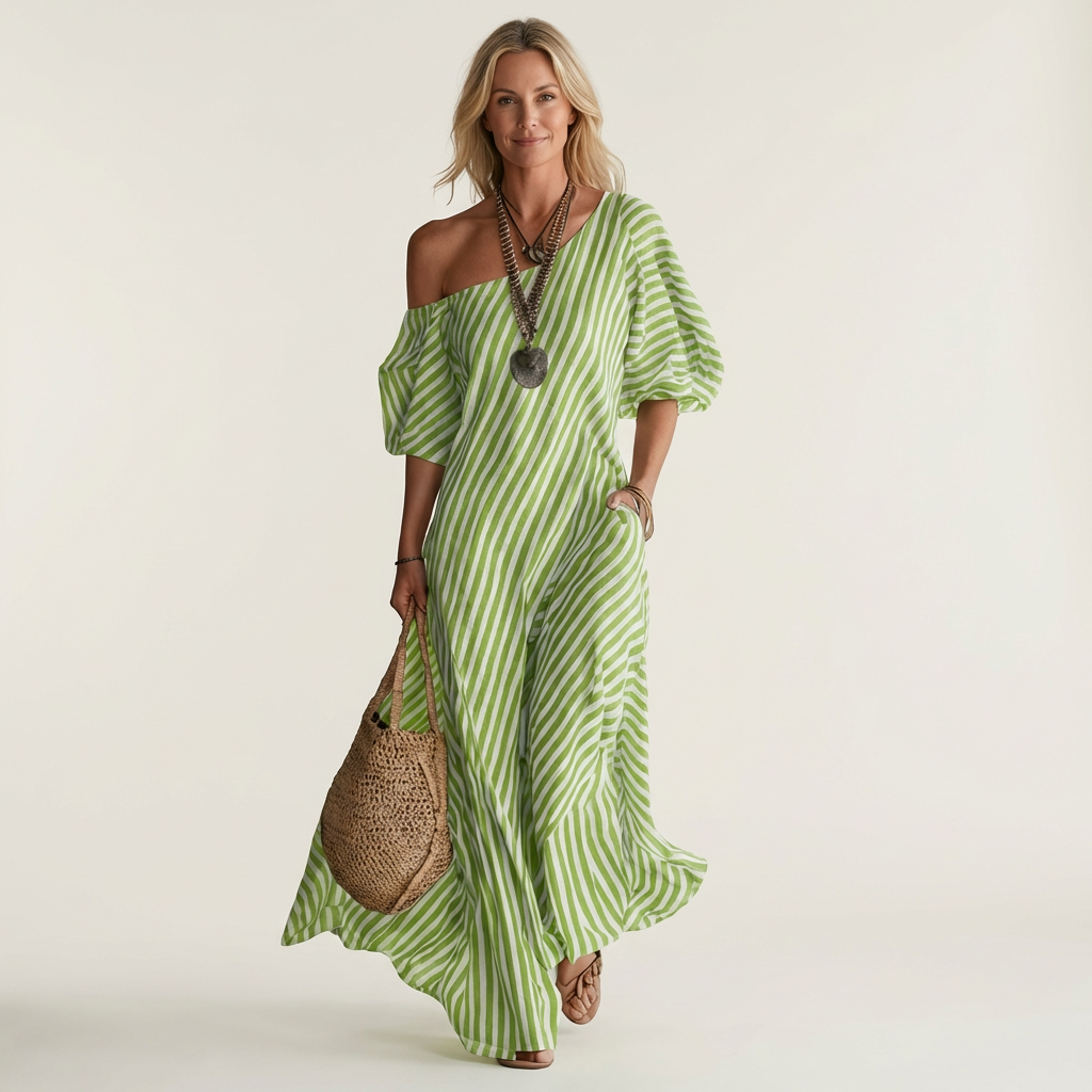 Gelina | One-Shoulder Striped Maxi Dress with Puff Sleeves &amp; Side Pockets