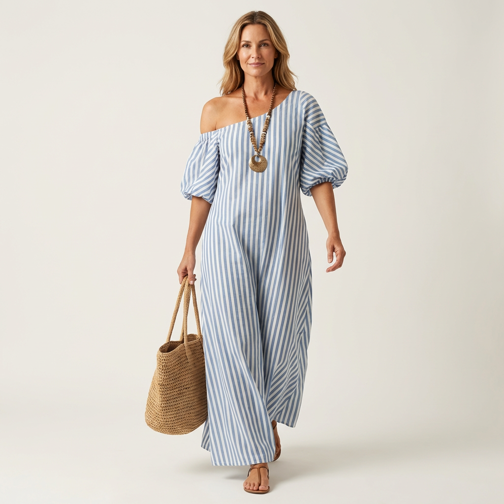 Gelina | One-Shoulder Striped Maxi Dress with Puff Sleeves &amp; Side Pockets