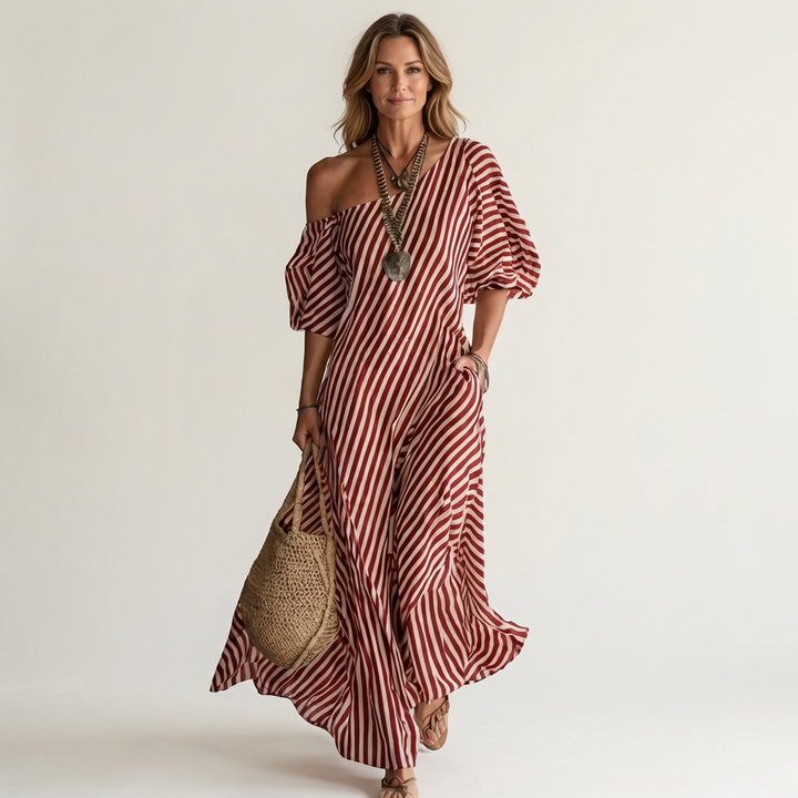 Gelina | One-Shoulder Striped Maxi Dress with Puff Sleeves &amp; Side Pockets