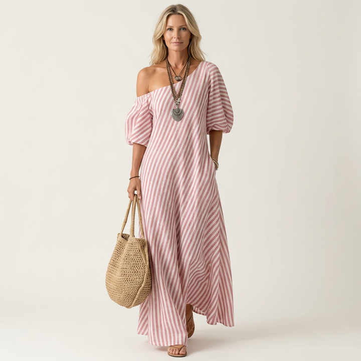 Gelina | One-Shoulder Striped Maxi Dress with Puff Sleeves &amp; Side Pockets