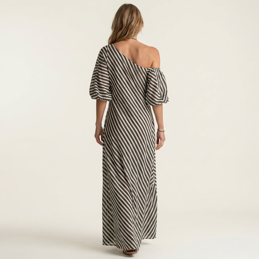 Gelina | One-Shoulder Striped Maxi Dress with Puff Sleeves &amp; Side Pockets
