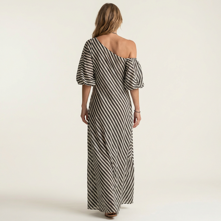 Gelina | One-Shoulder Striped Maxi Dress with Puff Sleeves &amp; Side Pockets