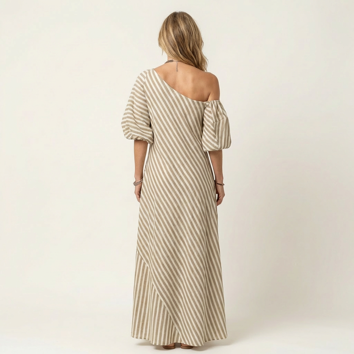 Gelina | One-Shoulder Striped Maxi Dress with Puff Sleeves &amp; Side Pockets
