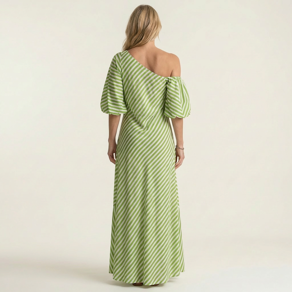 Gelina | One-Shoulder Striped Maxi Dress with Puff Sleeves &amp; Side Pockets
