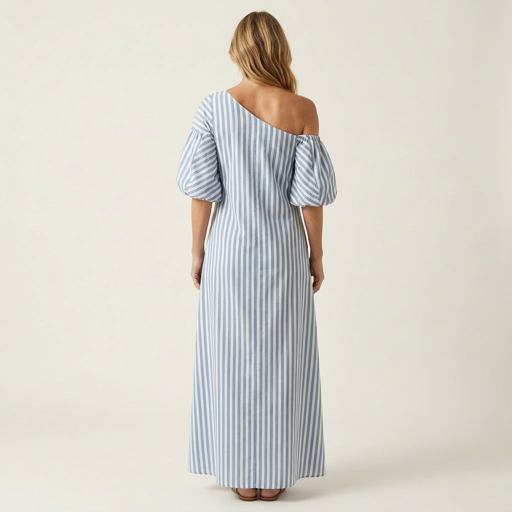 Gelina | One-Shoulder Striped Maxi Dress with Puff Sleeves &amp; Side Pockets