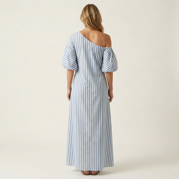 Gelina | One-Shoulder Striped Maxi Dress with Puff Sleeves &amp; Side Pockets