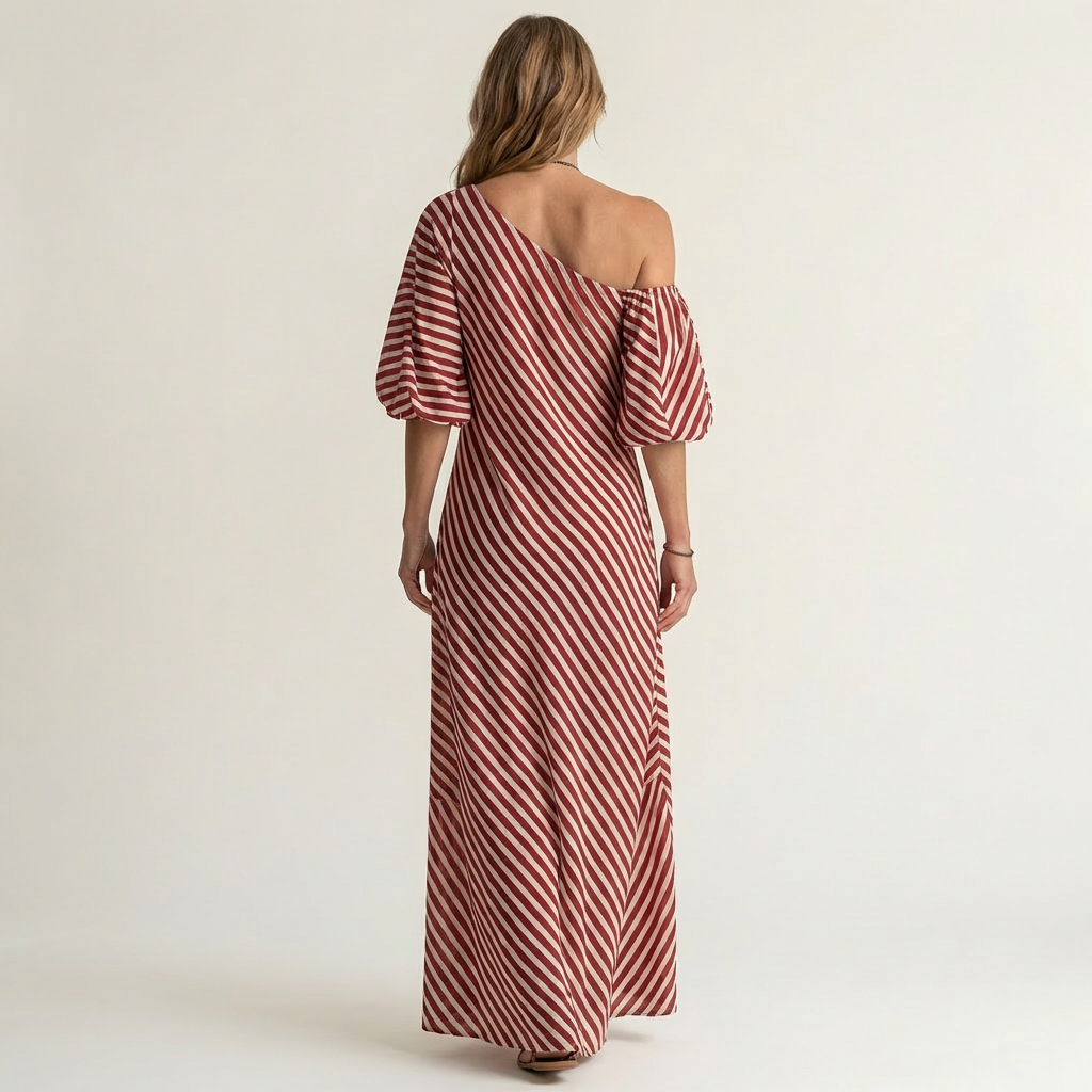 Gelina | One-Shoulder Striped Maxi Dress with Puff Sleeves &amp; Side Pockets