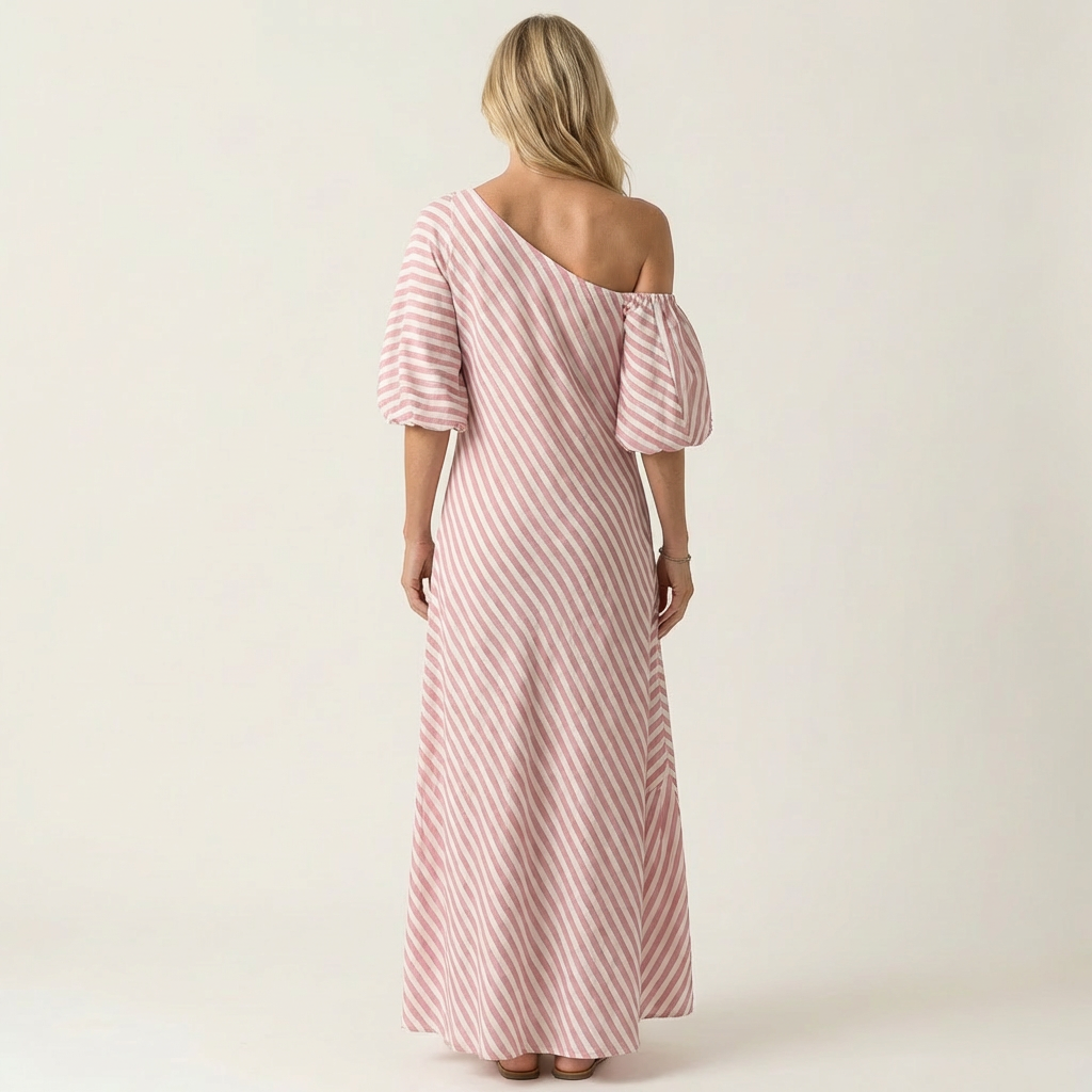 Gelina | One-Shoulder Striped Maxi Dress with Puff Sleeves &amp; Side Pockets