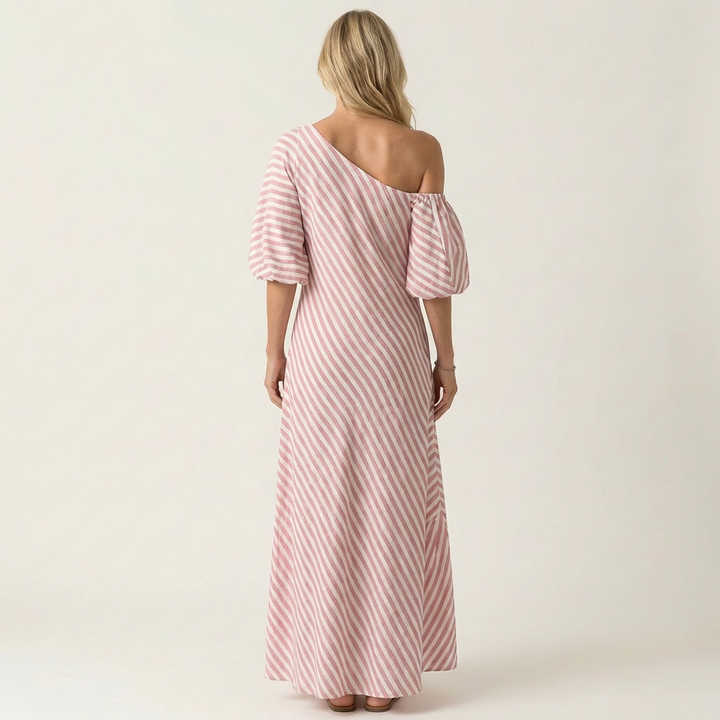 Gelina | One-Shoulder Striped Maxi Dress with Puff Sleeves &amp; Side Pockets