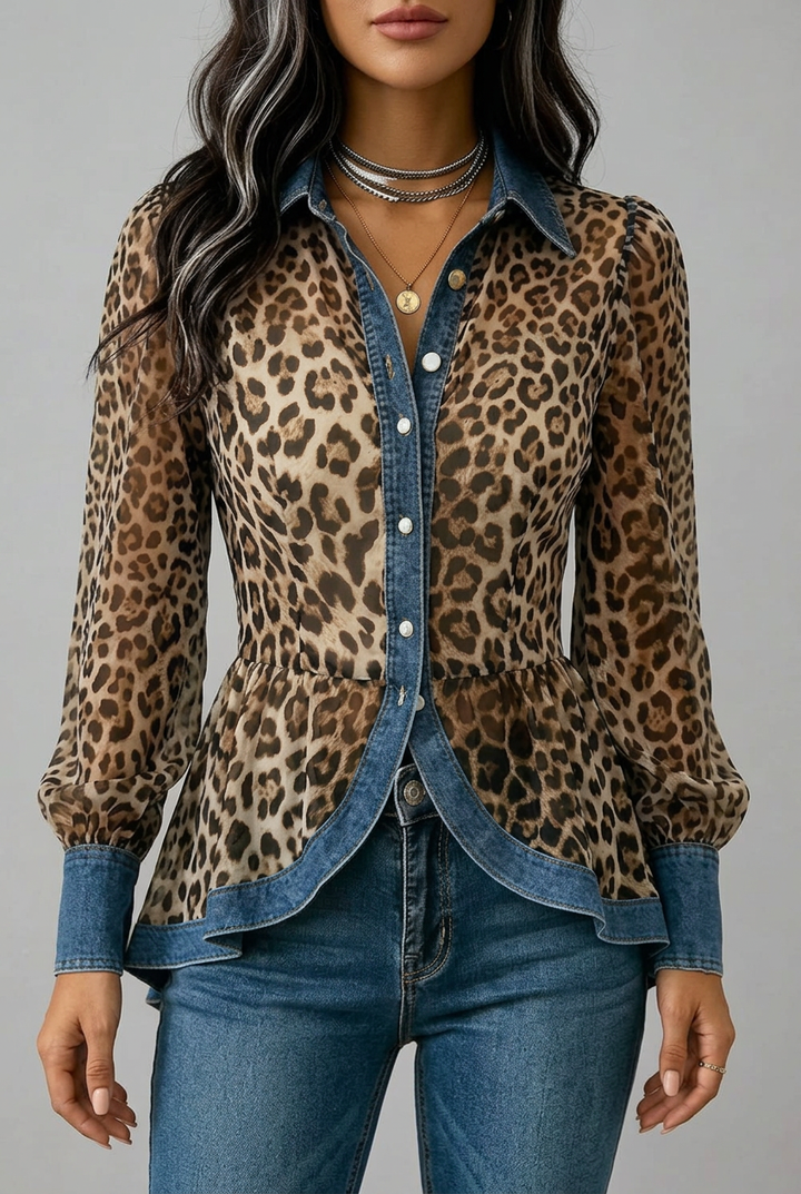Fablenne™ | Leopard Print Denim Panel Contrast Longline Jacket