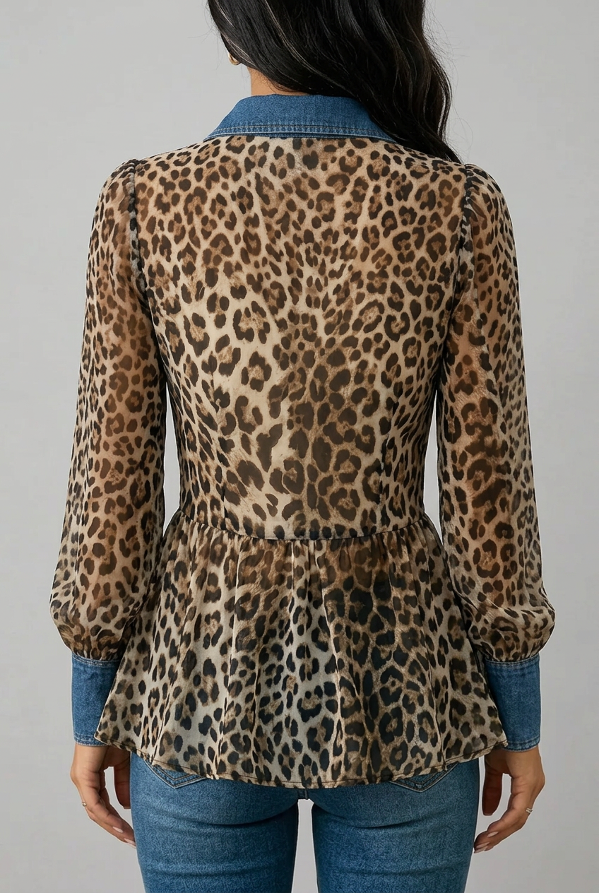 Fablenne™ | Leopard Print Denim Panel Contrast Longline Jacket
