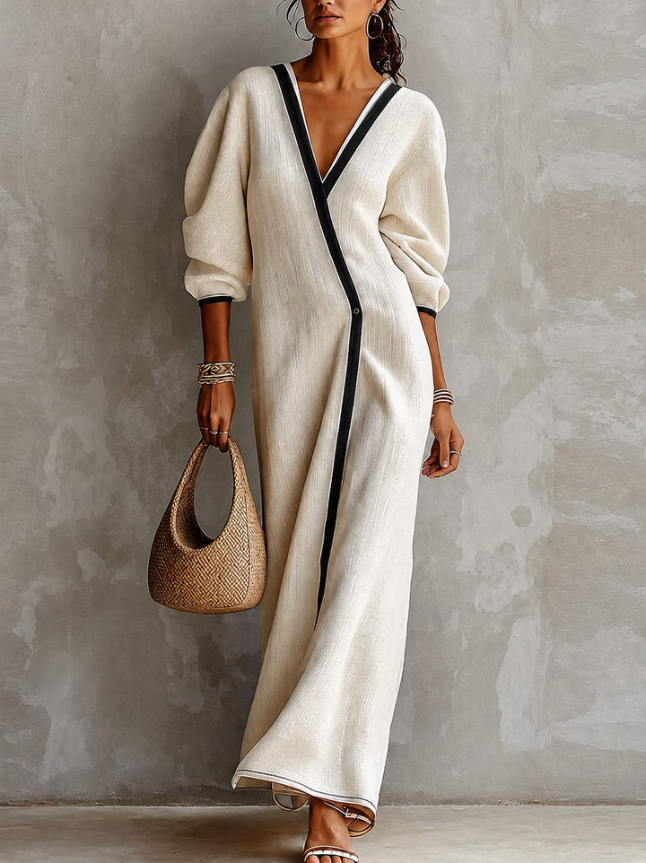 Women Beige Linen Blend V‑Neck Wrap Black Contrast Trim Lantern Sleeve Maxi Dress