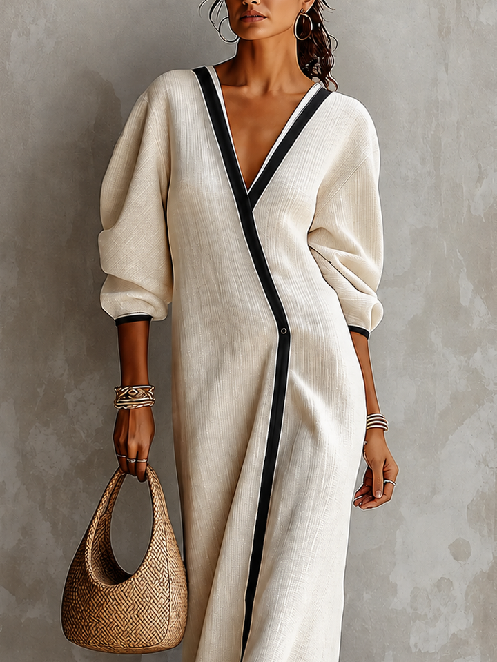 Women Beige Linen Blend V‑Neck Wrap Black Contrast Trim Lantern Sleeve Maxi Dress