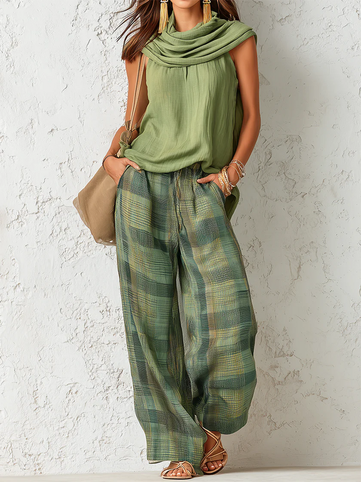 Lyra | Draped Sleeveless Top &amp; Plaid Wide-Leg Pants Set