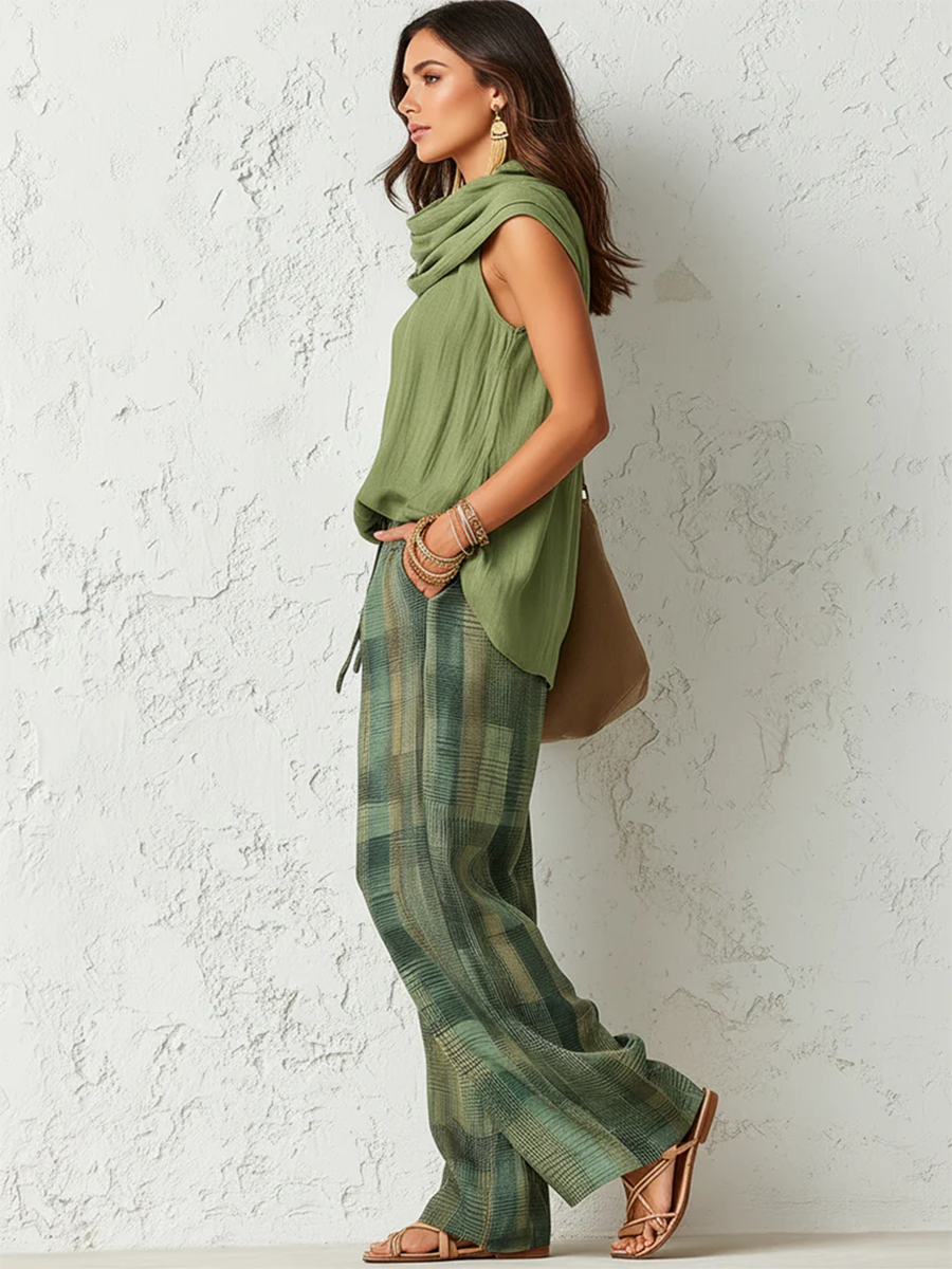 Lyra | Draped Sleeveless Top &amp; Plaid Wide-Leg Pants Set