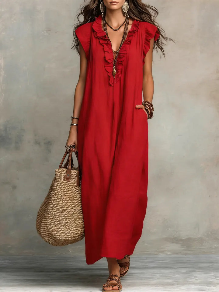 Corinne | Ruffle V-Neck Relaxed Maxi Dress