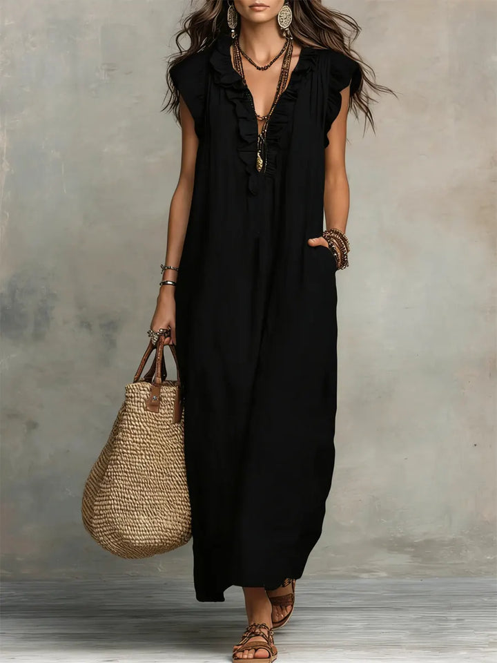 Corinne | Ruffle V-Neck Relaxed Maxi Dress