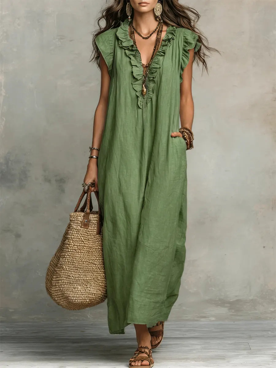 Corinne | Ruffle V-Neck Relaxed Maxi Dress