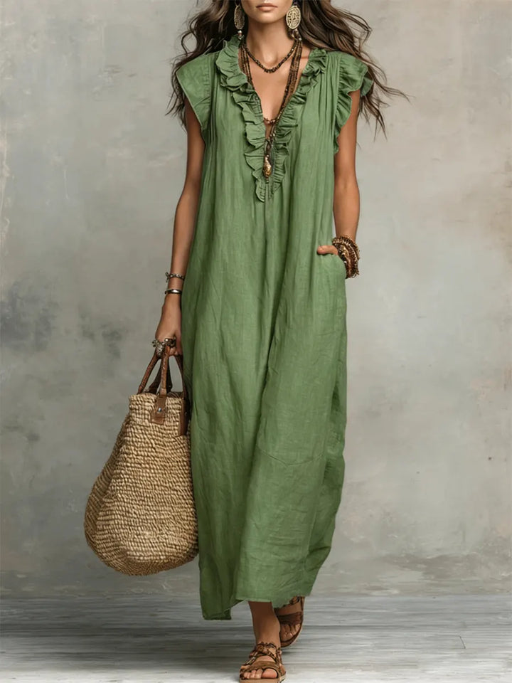 Corinne | Ruffle V-Neck Relaxed Maxi Dress
