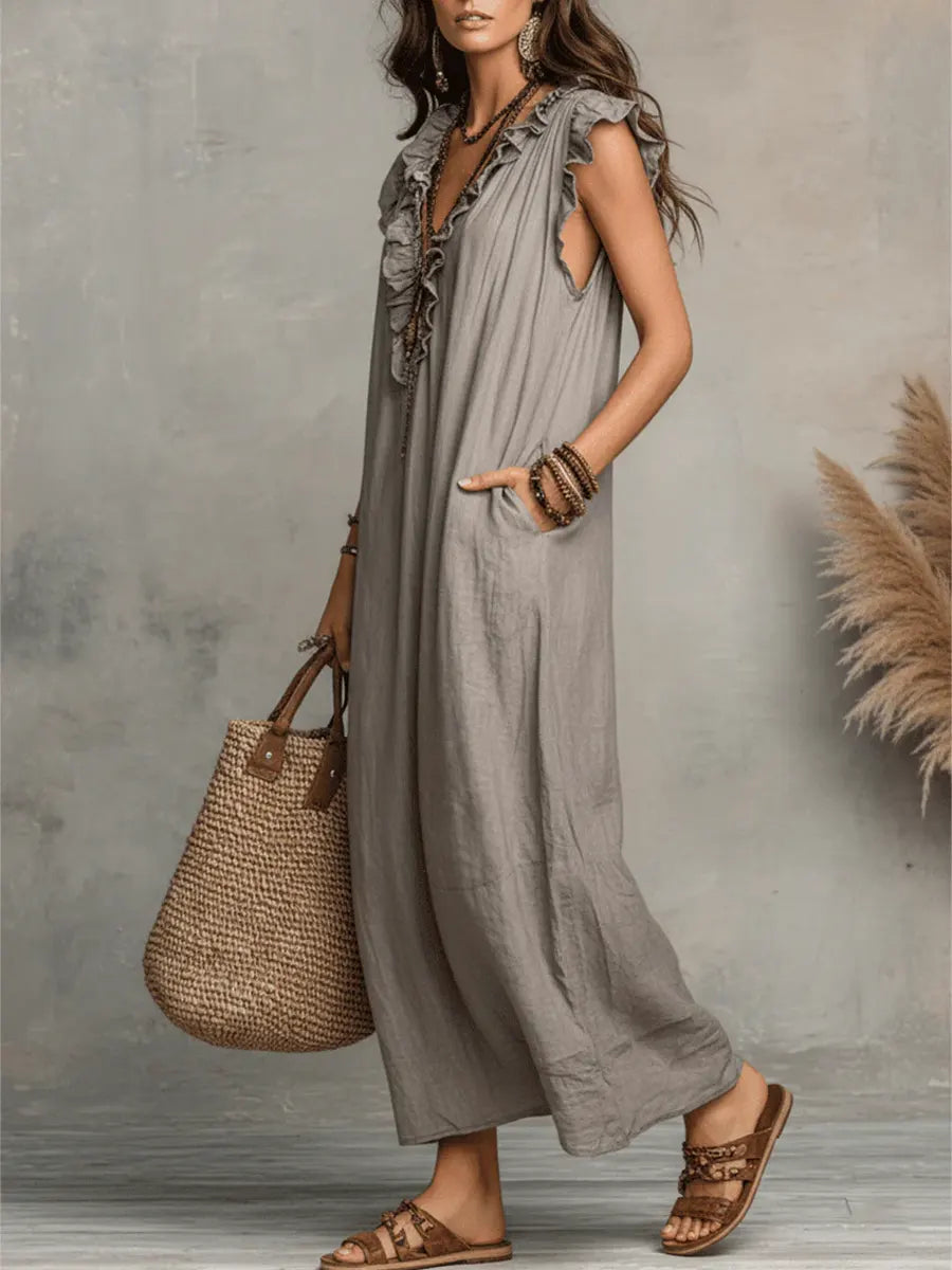 Corinne | Ruffle V-Neck Relaxed Maxi Dress