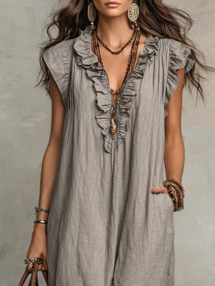 Corinne | Ruffle V-Neck Relaxed Maxi Dress