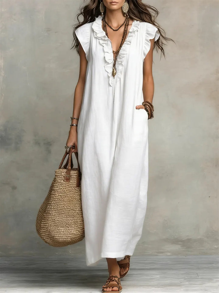 Corinne | Ruffle V-Neck Relaxed Maxi Dress