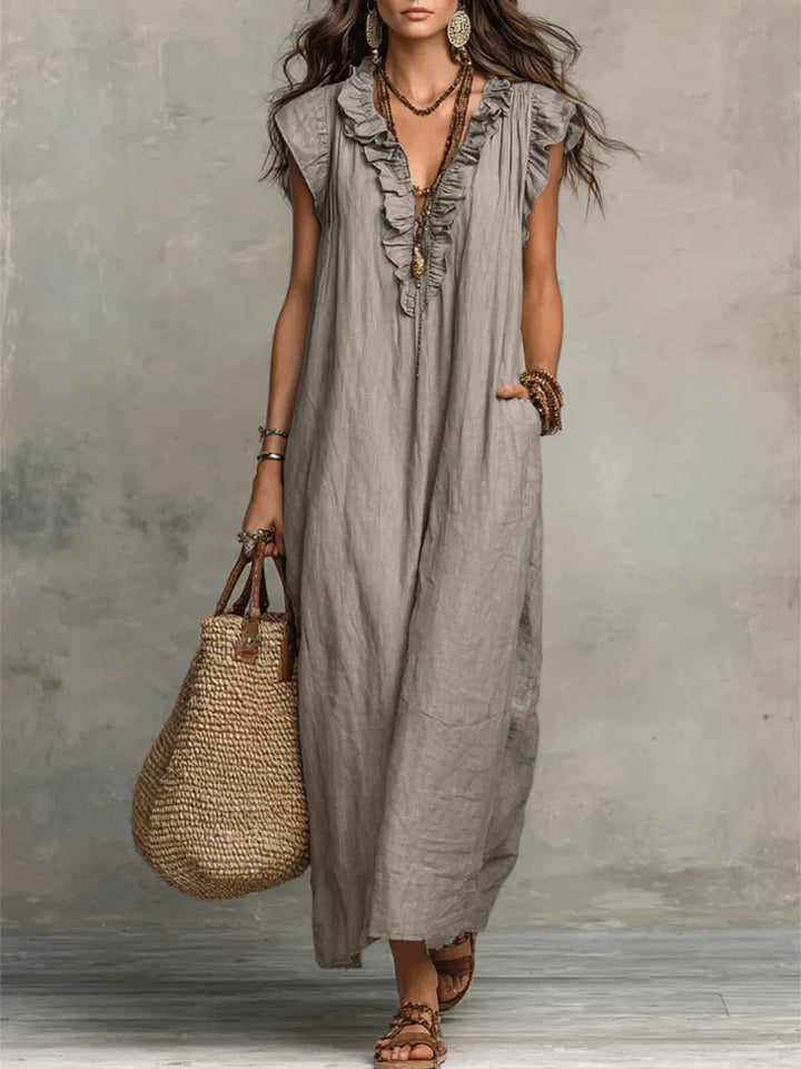Corinne | Ruffle V-Neck Relaxed Maxi Dress