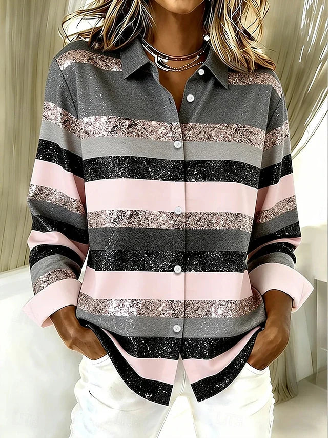 Evancline™ | Casual Horizontal Stripe Button Blouse